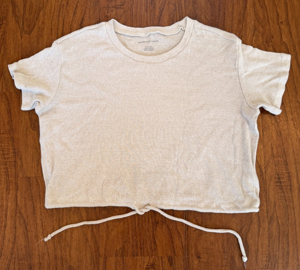 American Eagle Women’s Ribbed Short Sleeve Drawstring Crop Top Beige XS